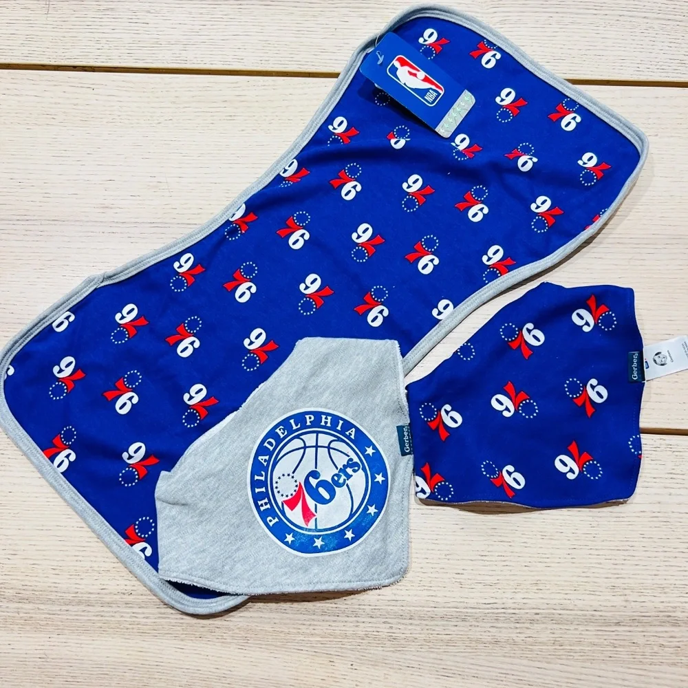 Gerber Philadelphia 76ers Baby Bibs Burp Cloth 3 Pieces Set, NBA Licensed NWT